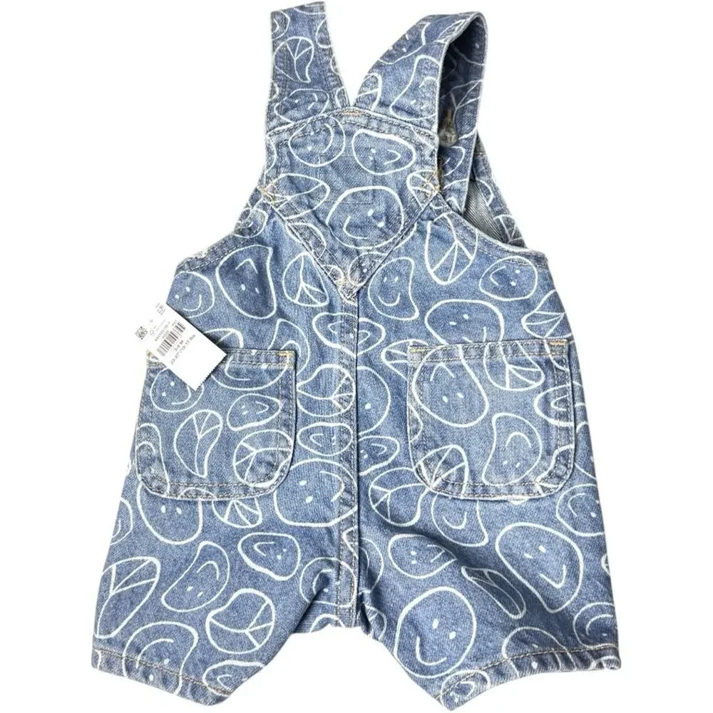 Old Navy Baby Smiley Face Print Denim Blue Kids Overalls Sz 3-6M NWT